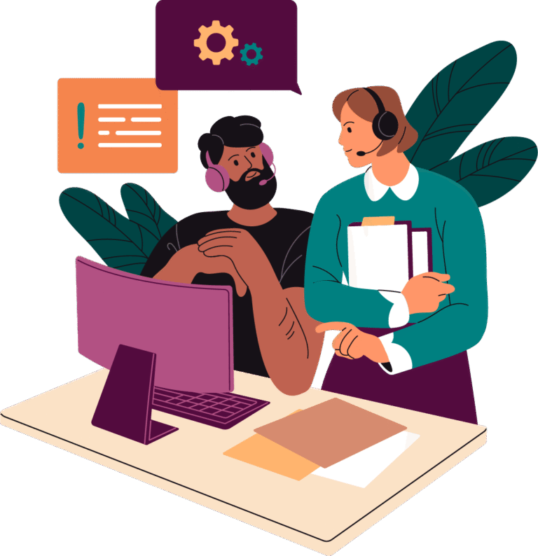 Two people wearing headsets talking at a computer, one holding a clipboard.