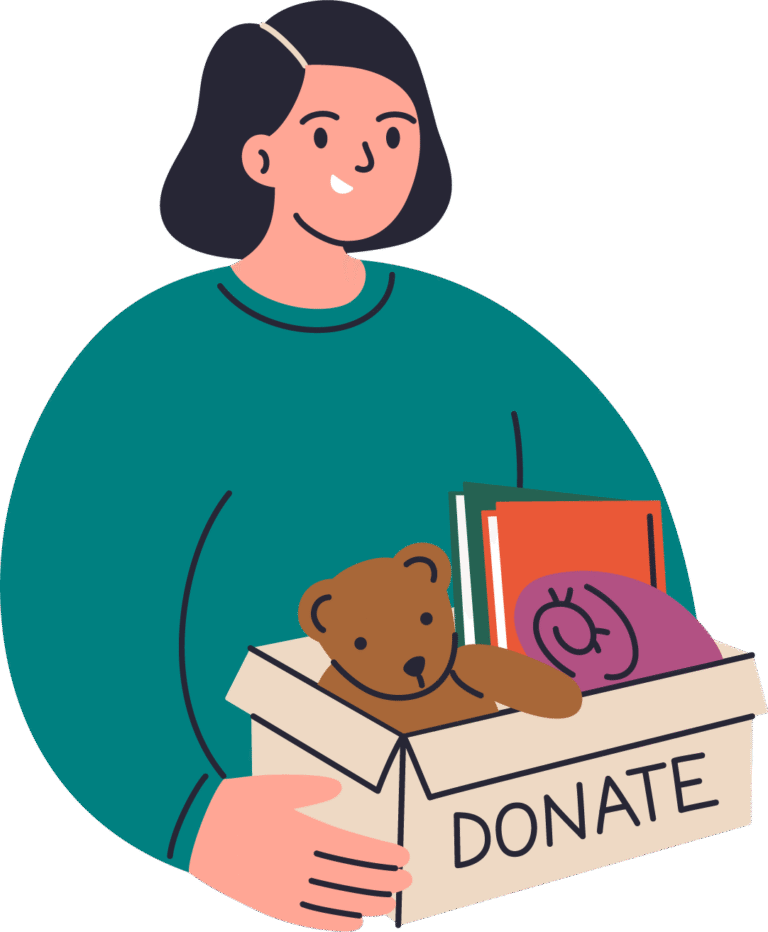 Smiling person holding a donation box with a teddy bear, books, and clothing.