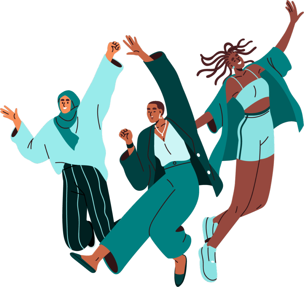 Three people jumping joyfully, wearing different styles of clothing.